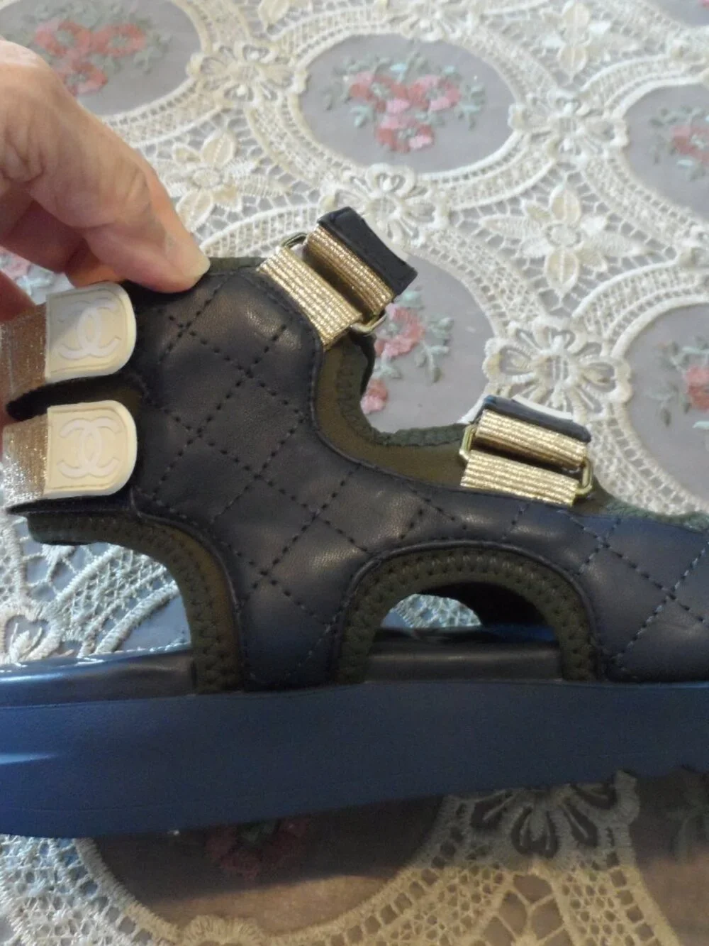 New Chanel Navy Blue & Army Green Gladiator Sandals Size 36C